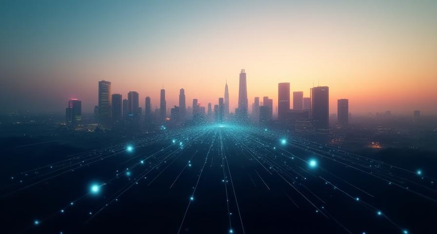 Modern urban skyline with glowing network nodes and wireless coverage