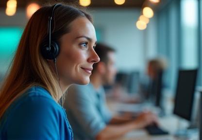 Customer support specialist assisting client via headset