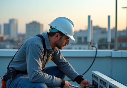 Technician installing network hardware on rooftop